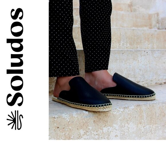 Soludos Black Leather Espadrilles Mule Flats - Picture 1 of 6